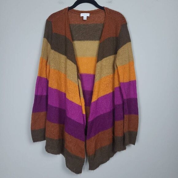 Charter Club Womens Mohair Open Front Cardigan Size L Petite Striped Artsy Cozy - Picture 1 of 7